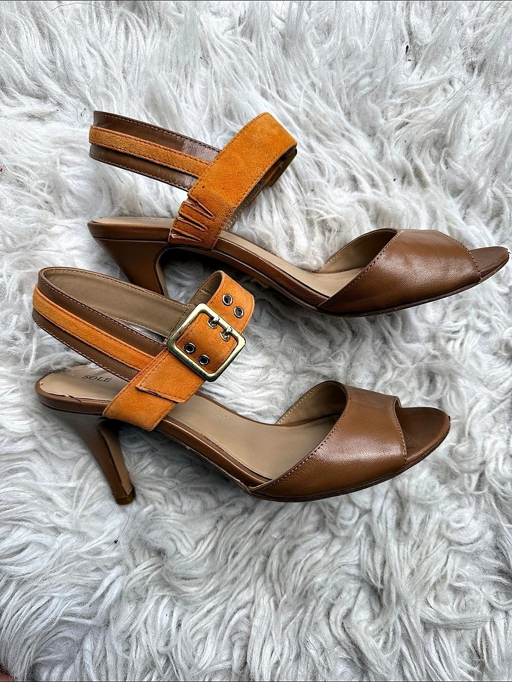 Sole Society Two-Tone Buckle Heels in Brown & Orange